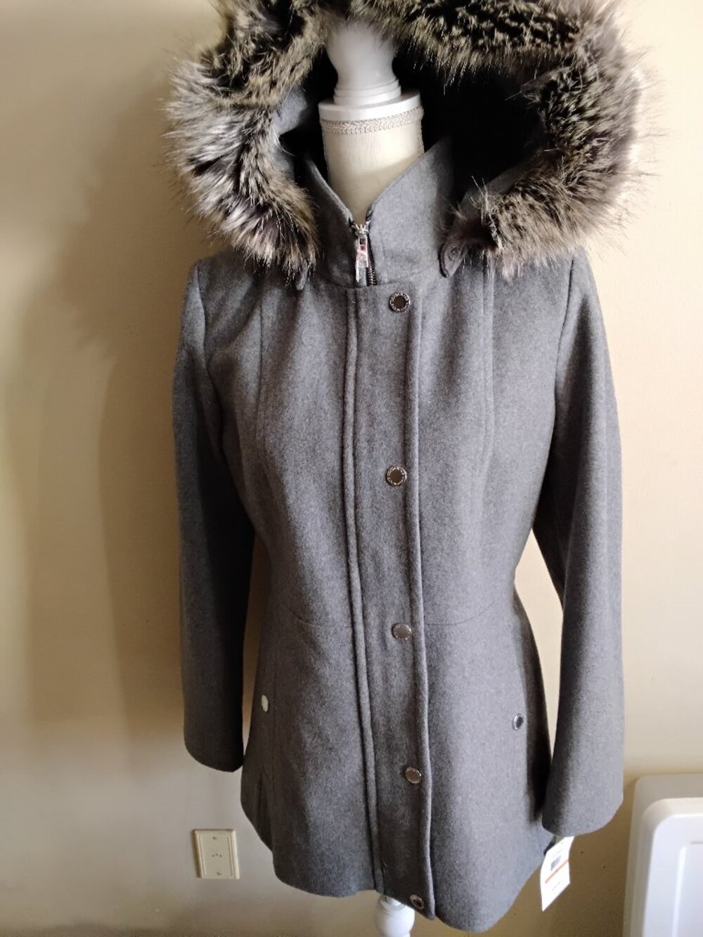 NWT London Fog Medium Gray Wool Blend Hooded Walker Coat Faux Fur S $285